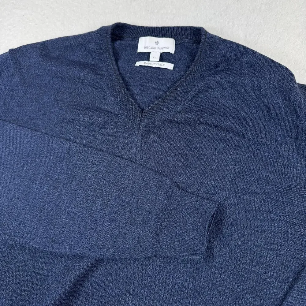 Toscano Firenze Sweater Mens Size XL Blue V-Neck Merino Wool Knit Made In Italy